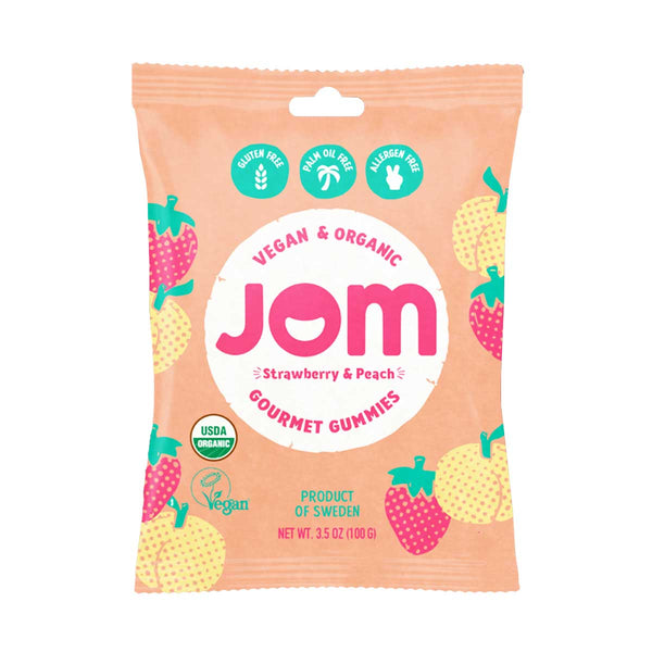 Organic Strawberry & Peach Gummy Candies, Vegan & No Palm Oil by Jom, 3.5 oz (100 g)