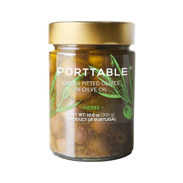 Green Negrinha Olives with Mediterranean Herbs in Extra Virgin Olive Oil by Porttable, 10.6 oz (300 g)