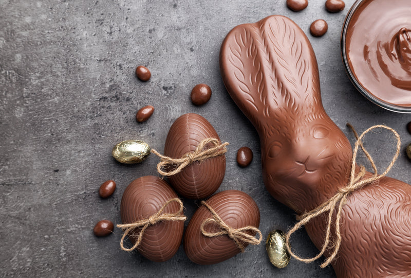 Chocolate Easter bunny and eggs