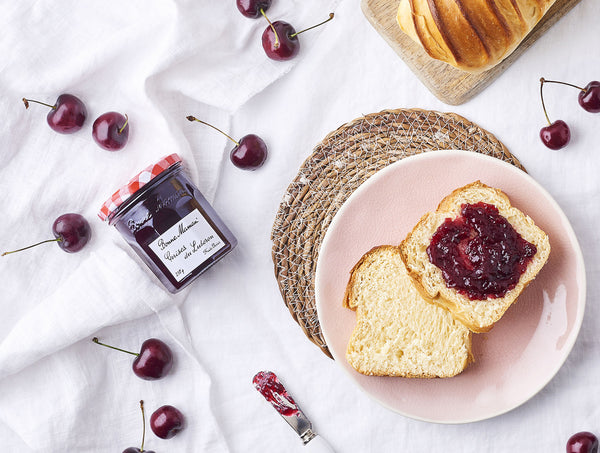 bonne maman cherry preserve on a toast