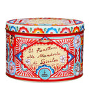 A decorative tin of Dolce & Gabbana Sicilian Almond Panettone by Fiasconaro with the product name and brand logo.