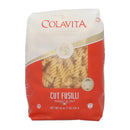 A packaged bag of Colavita Cut Fusilli Pasta, showing the pasta through a window and the brand's logo.