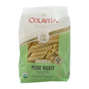 A bag of Colavita Organic Penne Rigate Pasta showing the pasta through a window and the brand's logo.