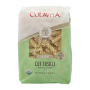 A bag of Colavita Organic Cut Fusilli Pasta showing the pasta through the window and the brand's logo.
