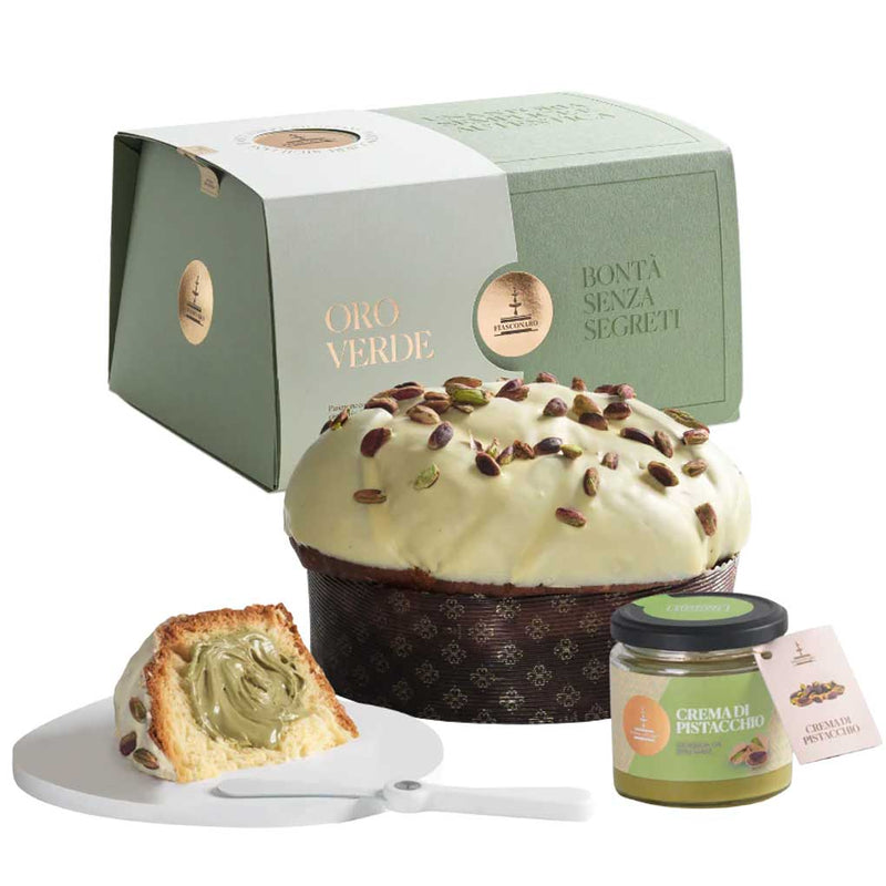 Fiasconaro Oro Verde Panettone with Pistachio Cream Jar, & Spreader, 2.2 lb (1 kg)