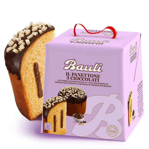 Bauli Panettone with three chocolate flavors packaging on a white background