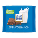 A packaged bar of Ritter Sport 35% Milk Chocolate showing chocolate pieces, a glass of milk and the brand logo.