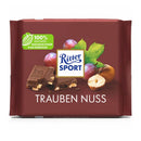 A packaged bar of Ritter Sport Milk Chocolate with Raisin and Hazelnut, showing the brand logo and chocolate pieces.