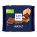 A packaged bar of Ritter Sport Milk Chocolate Nougat Praline Bars, showing the brand logo and chocolate pieces.