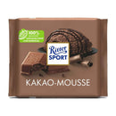 A packaged bar of Ritter Sport Milk Chocolate with Chocolate Mousse, showing the brand logo and chocolate pieces.