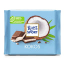 A packaged bar of Ritter Sport Milk Chocolate with Coconut Filling, showing chocolate squares, a coconut and the brand logo.