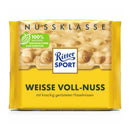 A packaged bar of Ritter Sport White Chocolate with Whole Hazelnuts, showing the brand logo and the chocolate.