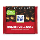 A packaged Ritter Sport Whole Hazelnuts Dark Chocolate Bar showing the chocolate with hazelnuts and the brand's logo.