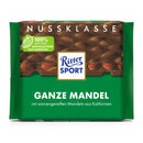A packaged bar of Ritter Sport Milk Chocolate with Whole Almonds, showing the chocolate and brand logo.