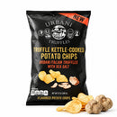 A bag of Urbani White Truffle Potato Chips with French Sea Salt, with chips and truffles beside it.