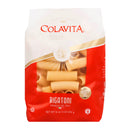 A bag of Colavita Rigatoni Pasta showing the pasta through the window and the brand's logo.