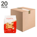 A bulk case box of Colavita Rigatoni Pasta next to one bag of the pasta.