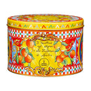 A decorated tin of Dolce & Gabbana Sicilian Citrus and Saffron Panettone by Fiasconaro with citrus artwork and the brand