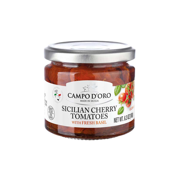 Sicilian Cherry Tomatoes with Fresh Basil by Campo d’Oro, 6.3 oz (180 g)
