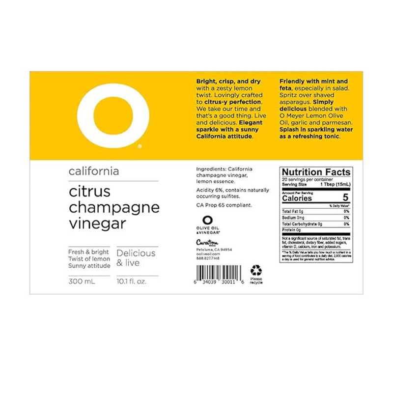 O Citrus Champagne Vinegar by O Olive Oil & Vinegar, 10.1 fl oz (300 ml)