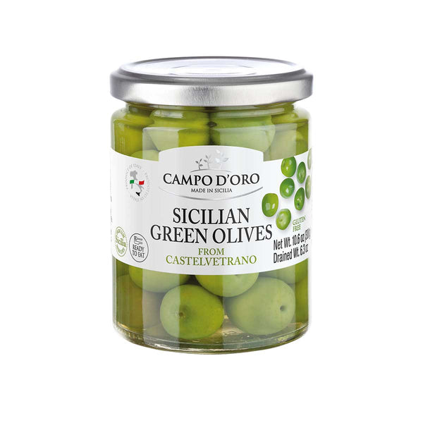 Sicilian Green Olives from Castelvetrano by Campo d’Oro, 10.6 oz (300 g)