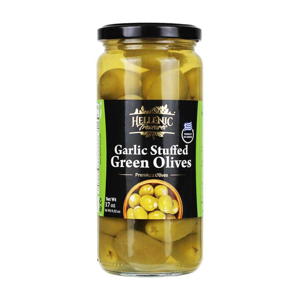 Garlic Stuffed Premium Green Olives from Greece by Hellenic Treasures, 17 oz (500 g)
