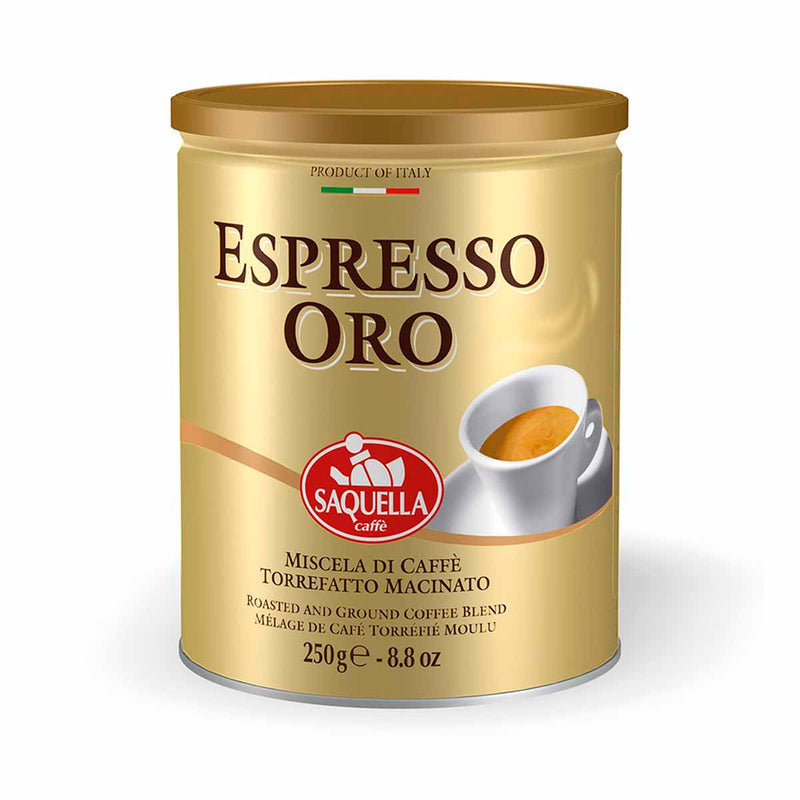 Espresso Oro Ground Coffee in Tin by Saquella Caffe, 8.8 oz (250 g)