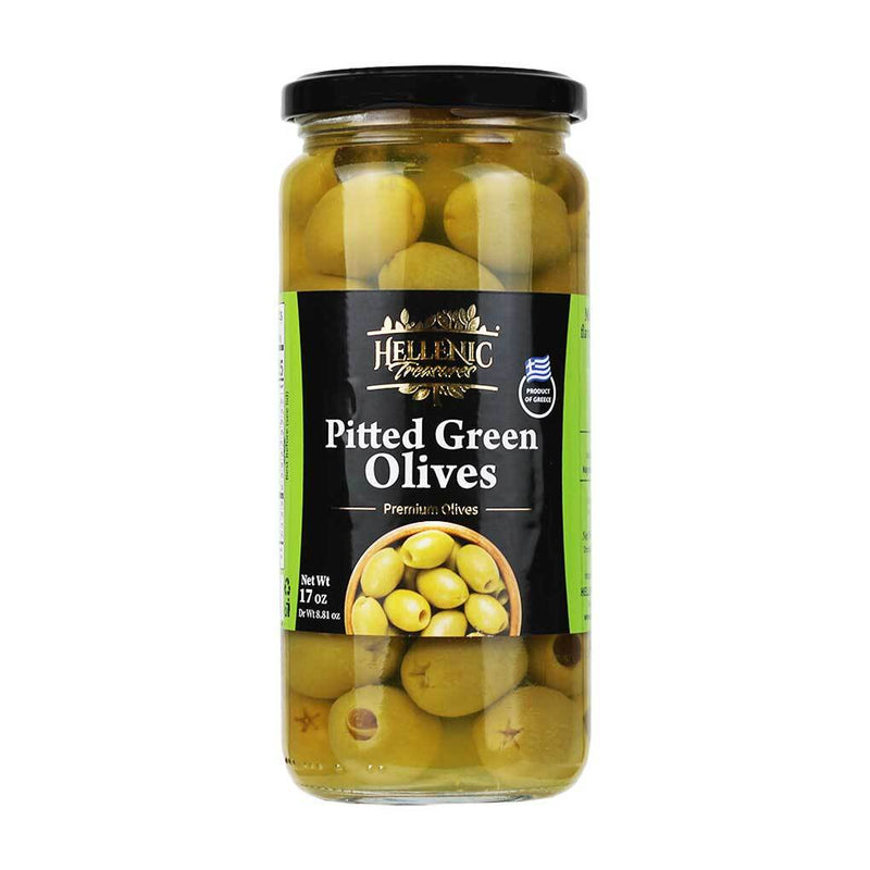 Pitted Green Premium Olives from Greece by Hellenic Treasures, 17 oz (500 g)