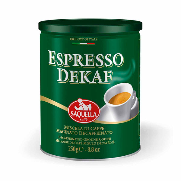 Espresso Decaffeinated Ground Coffee in Tin by Saquella Caffe, 8.8 oz (250 g)