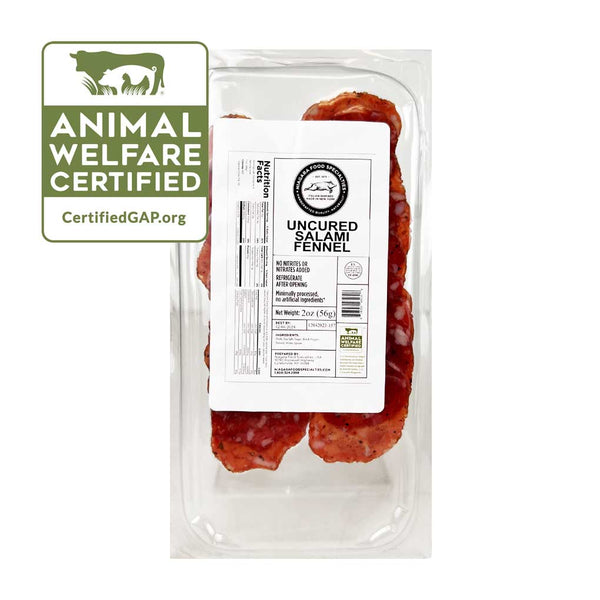 Super Premium Uncured Fennel Salami Sliced by Niagara Food Specialties, 2 oz (56 g)