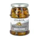 A jar of Colavita Pitted Olives in Extra Virgin Olive Oil, showing the olives through the glass and the label.