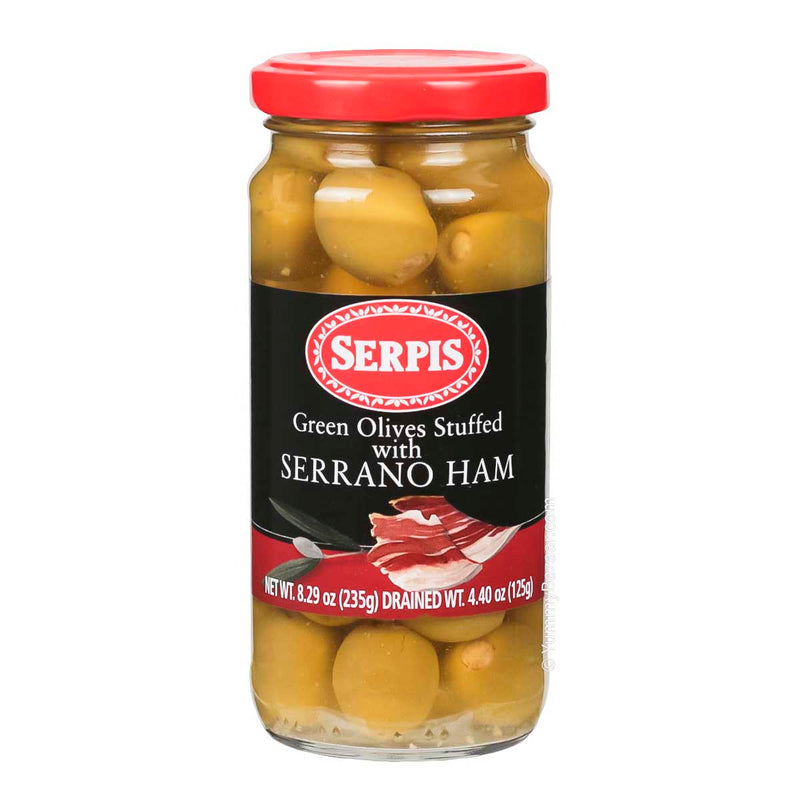 Spanish Manzanilla Green Olives Stuffed with Serrano Ham by Serpis, 8.3 oz (235 g)