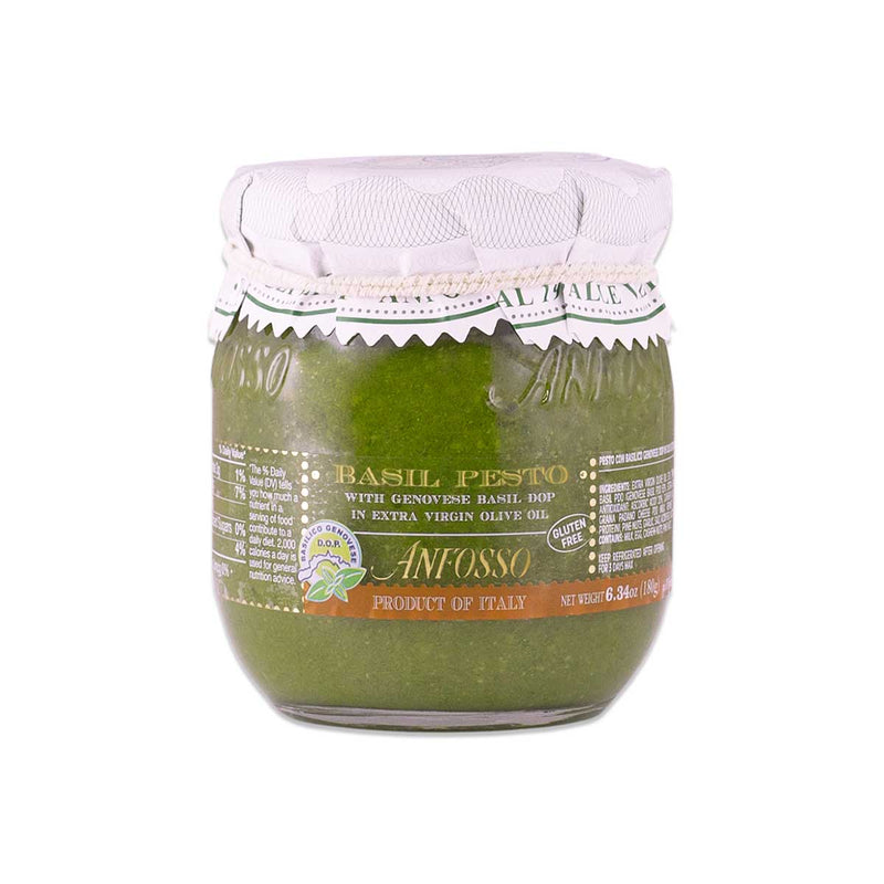 Gluten Free Basil Pesto with Genovese Basil DOP in Extra Virgin Olive Oil by Anfosso, 6.34 oz (180 g)